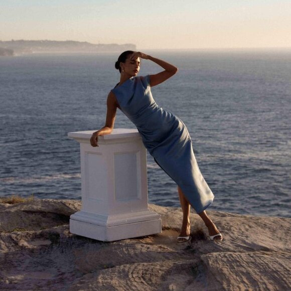 ELLIATT Coralie Maxi Dress in Steel Blue midi high mock neck short sleeve ruched - Picture 2 of 6